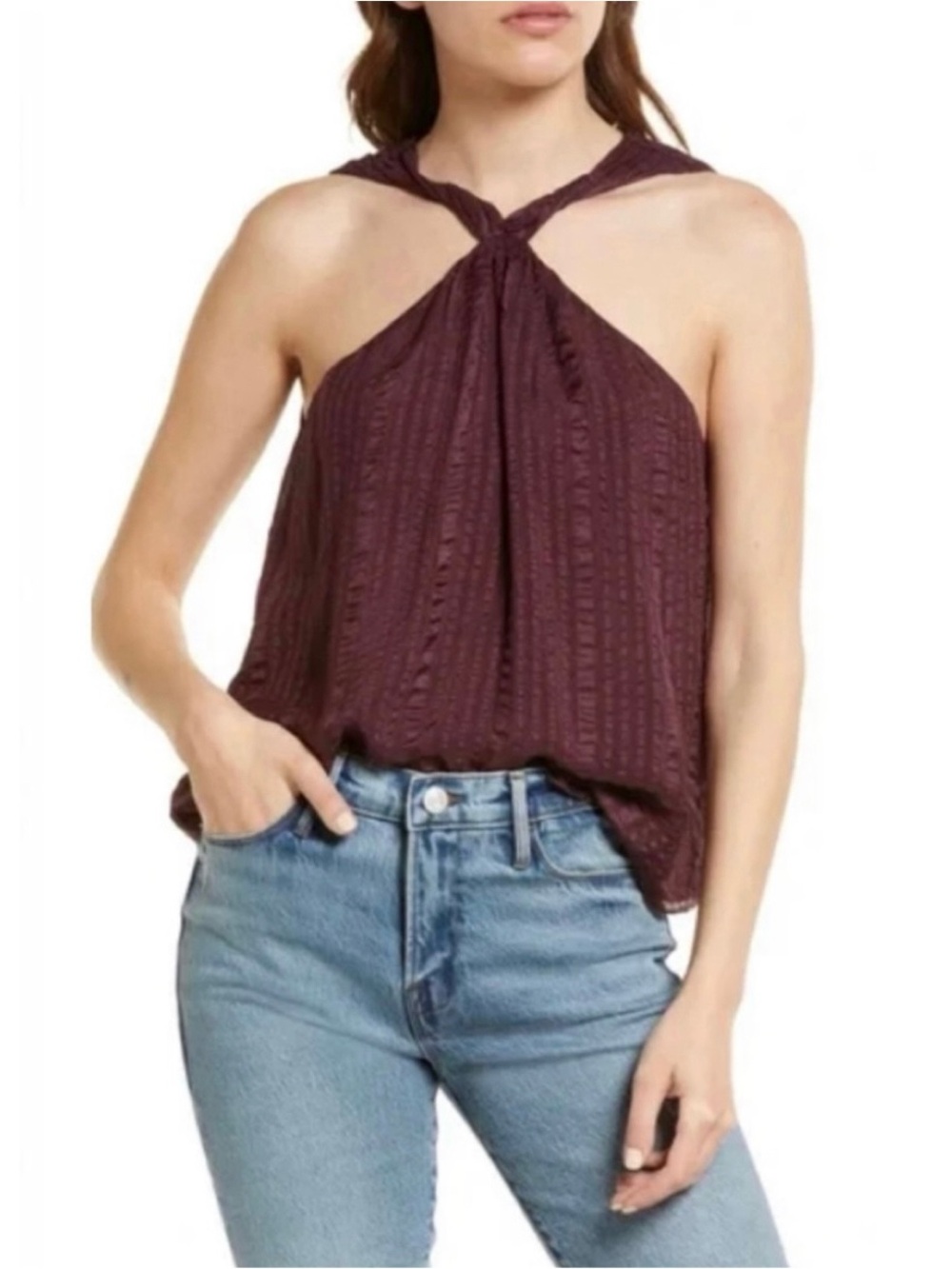 FRAME💝Draped Textured 100% Silk Halter Top in Cabernet Size Small